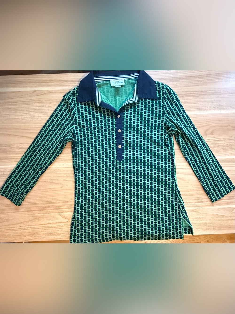 LOFT Green Navy Geometric Retro Print Blouse Top - Size Small